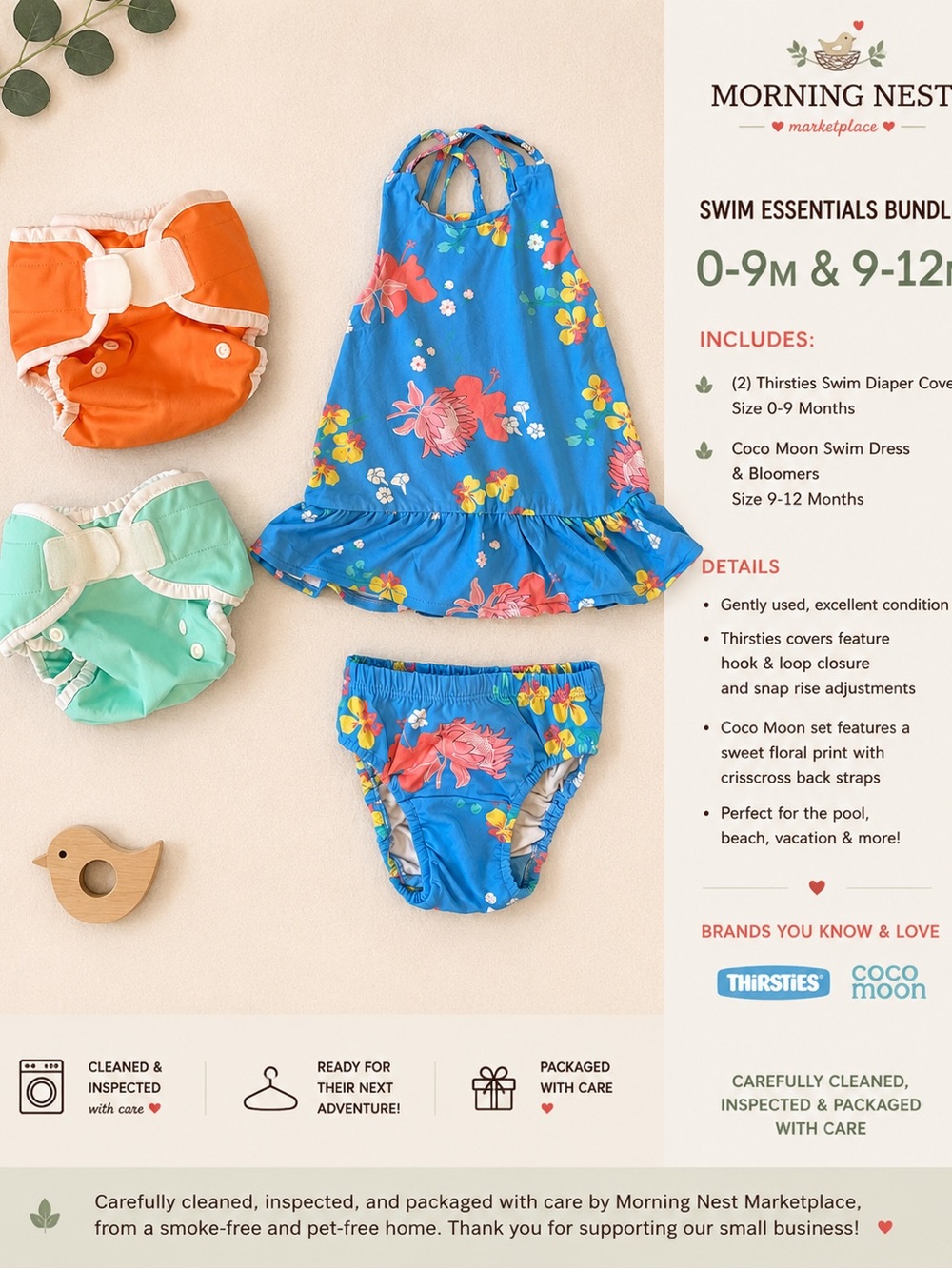 Coco Moon Swim Dress & Bloomers + 2 Thirsties Swim Diaper Covers | 9-12M & 0-9M